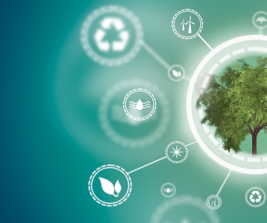 Image of verdant tree surrounded by environmental icons