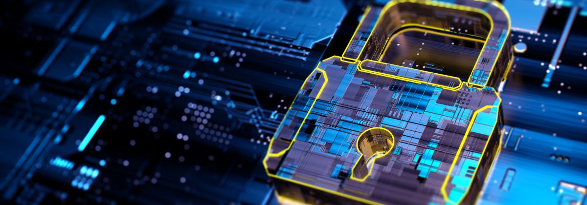 Digital padlock on a blue circuit board representing cybersecurity and data protection.